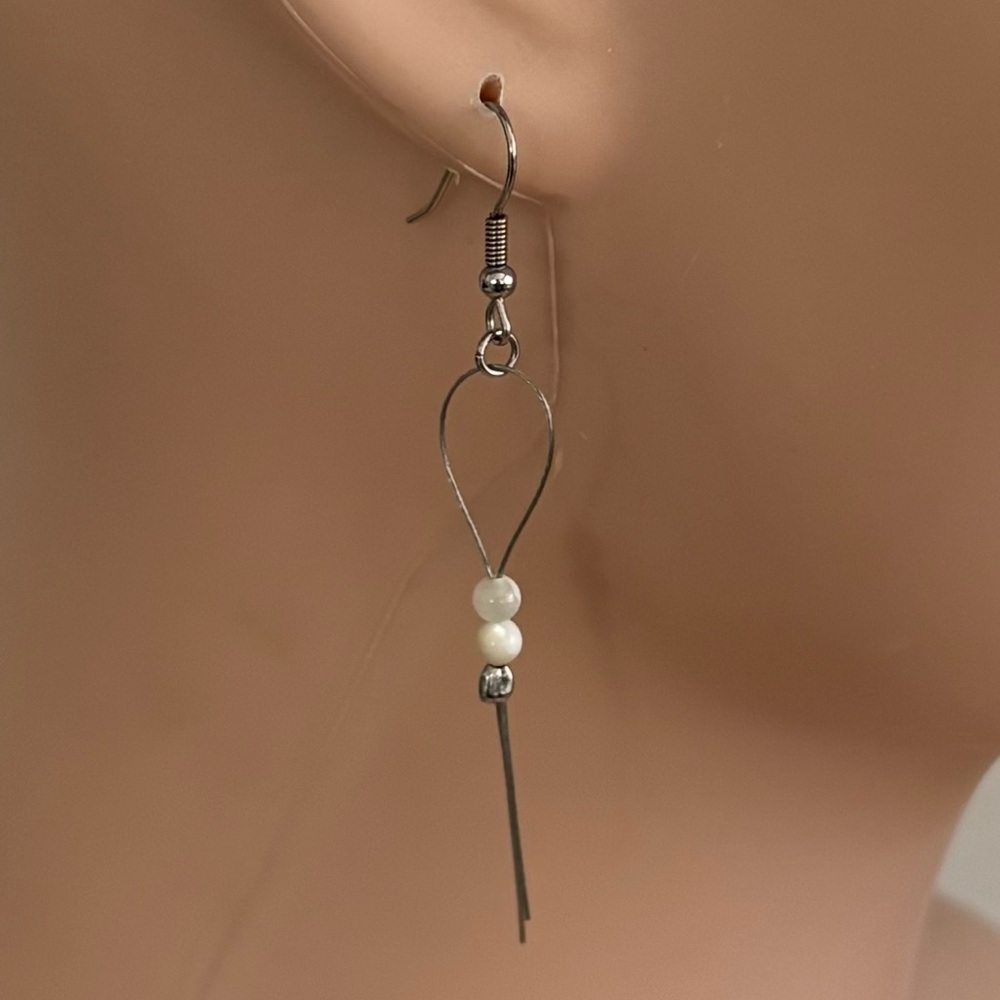 Minimalist Silver Tear-Drop Bar Dangle Earrings with White Beaded Accents